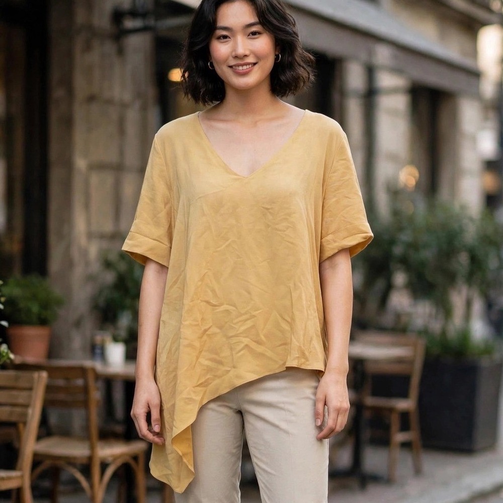 Amanda Uprichard Peach 100% Silk Asymmetric Sharkbite Button Back Blouse Medium